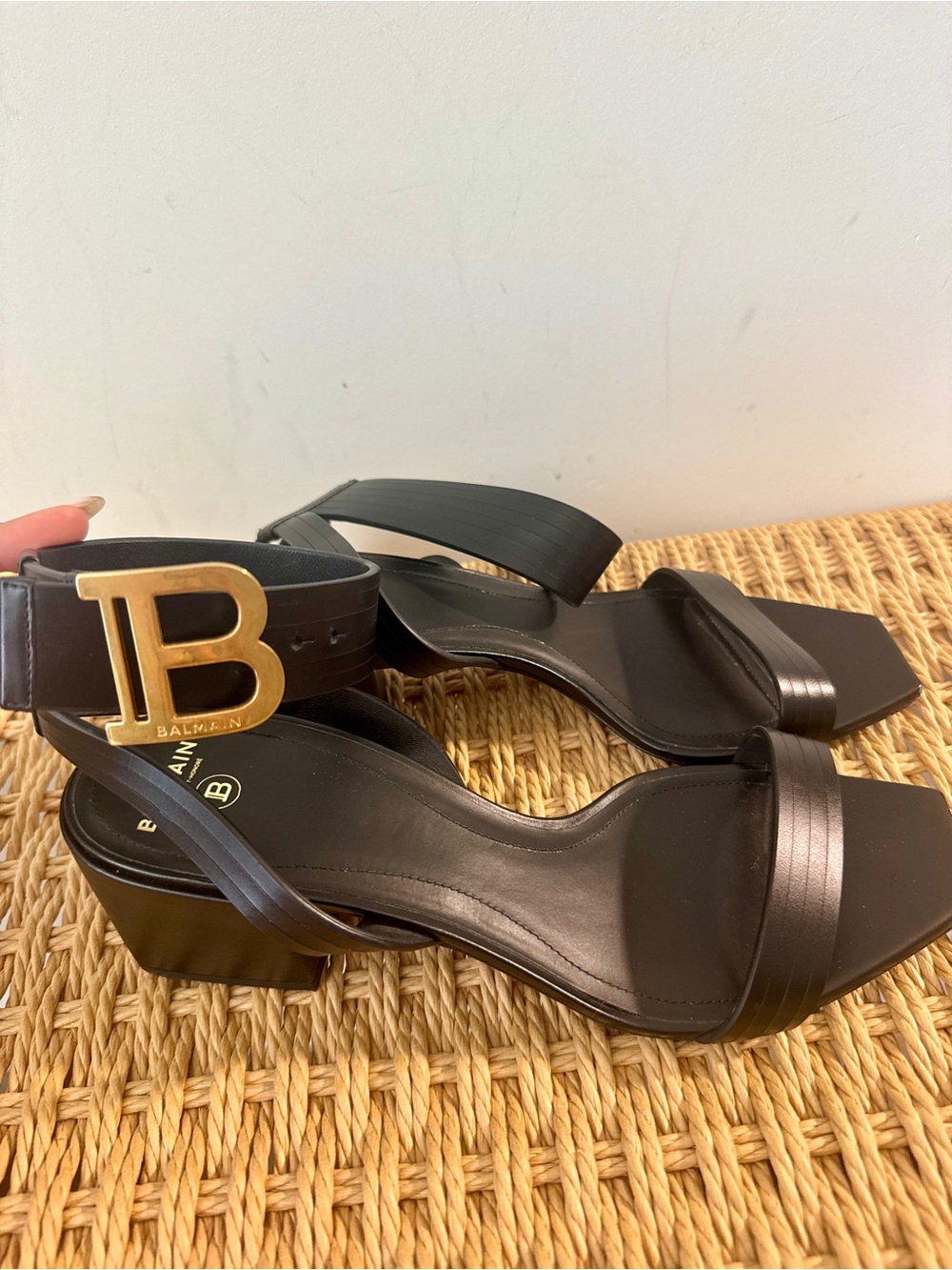 Balmain Black Leather Ankle-Strap Block Heel Sandals with Gold 'B' Buckle